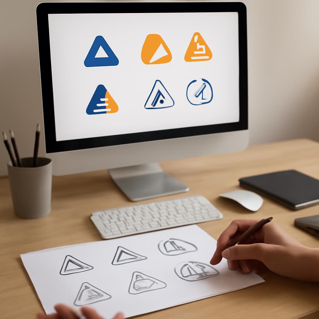 Рабочий стол дизайнера с эскизами логотипа и фирменного стиля на бумаге и экране компьютера