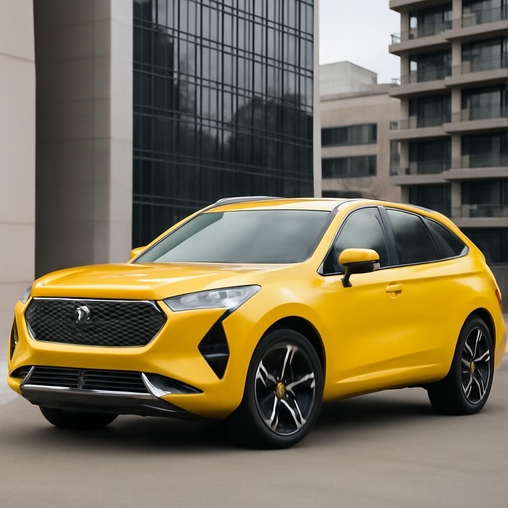 Кроссовер Haval Jolion яркого цвета, стоящий на фоне городской архитектуры
