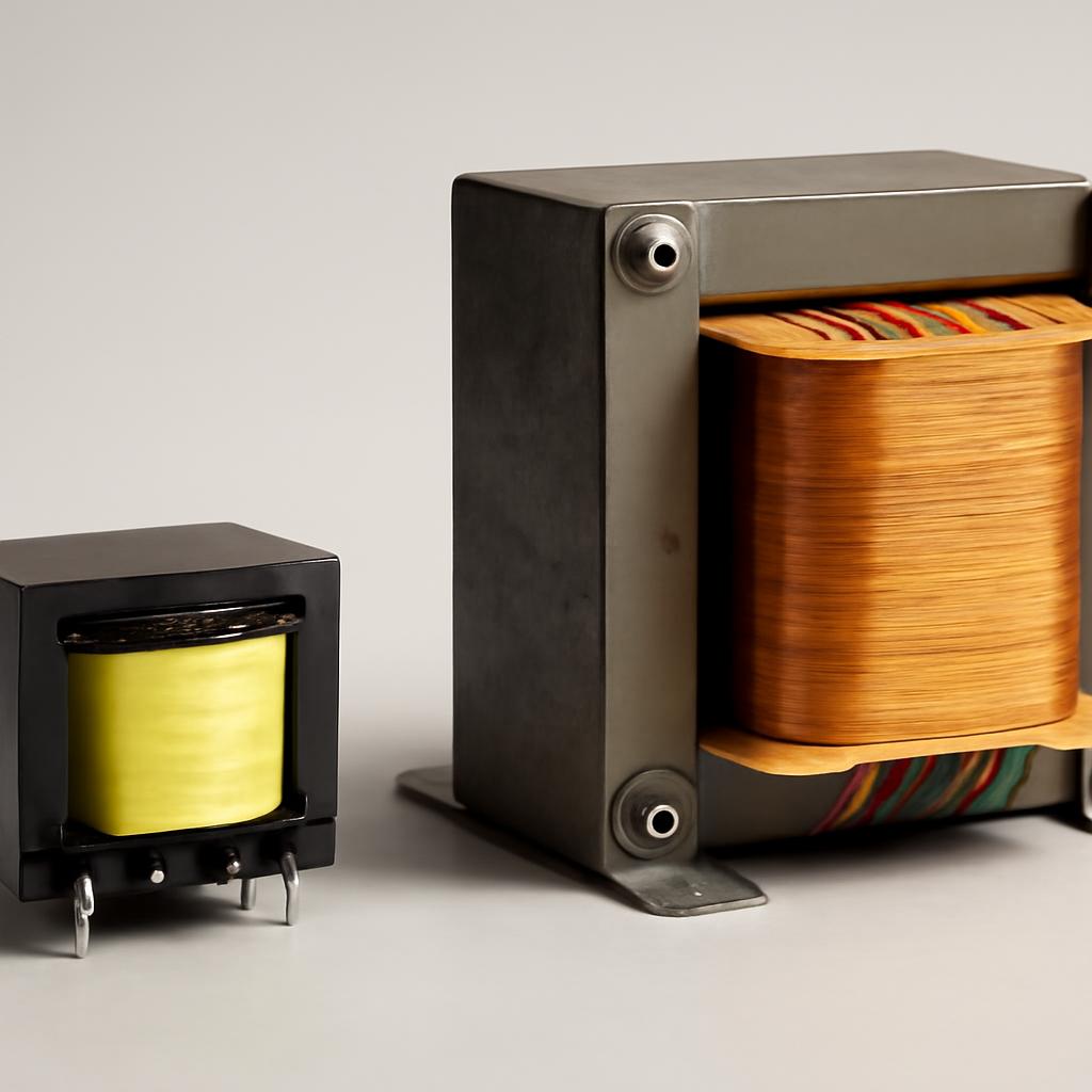 Сравнение размеров импульсного и сетевого трансформаторов одинаковой мощности