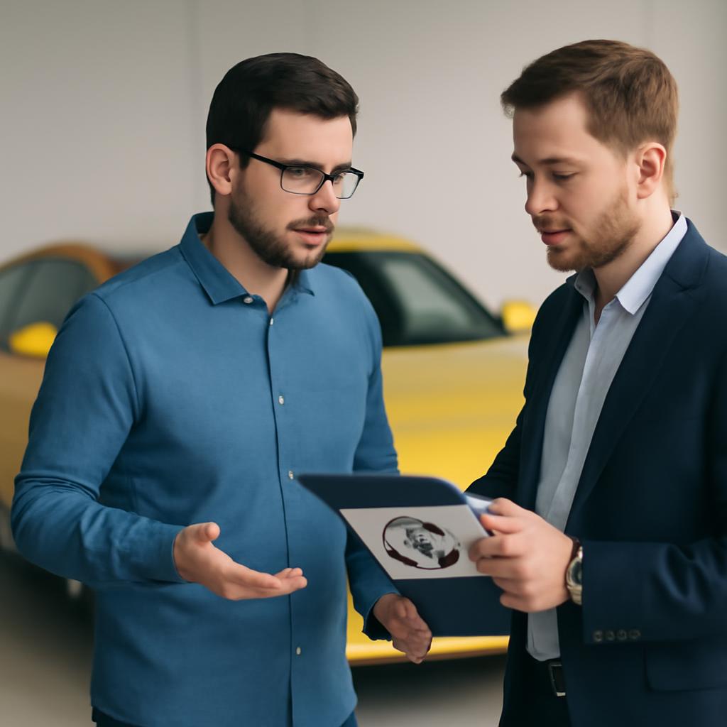 Владелец и покупатель обсуждают условия продажи кредитного автомобиля на фоне желтого спорткара