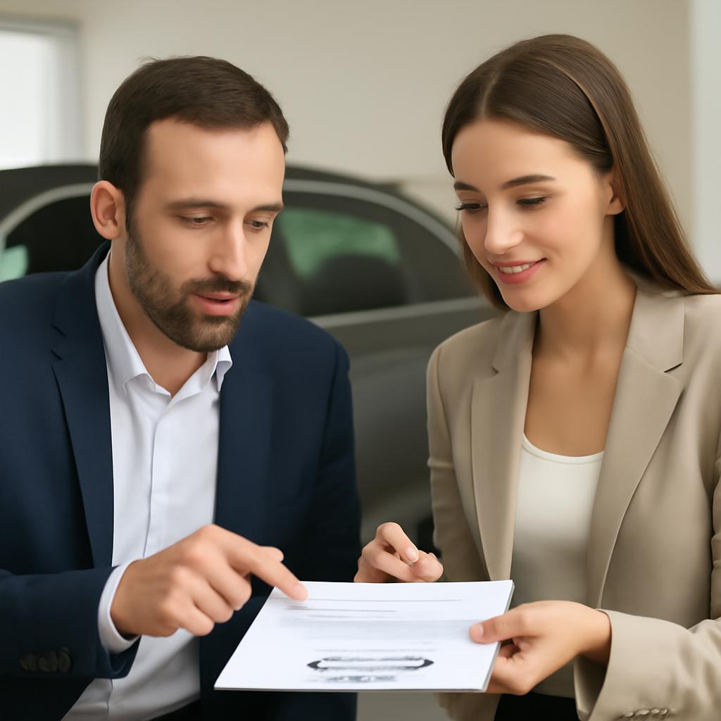 Мужчина и женщина обсуждают документы на автомобиль перед сделкой