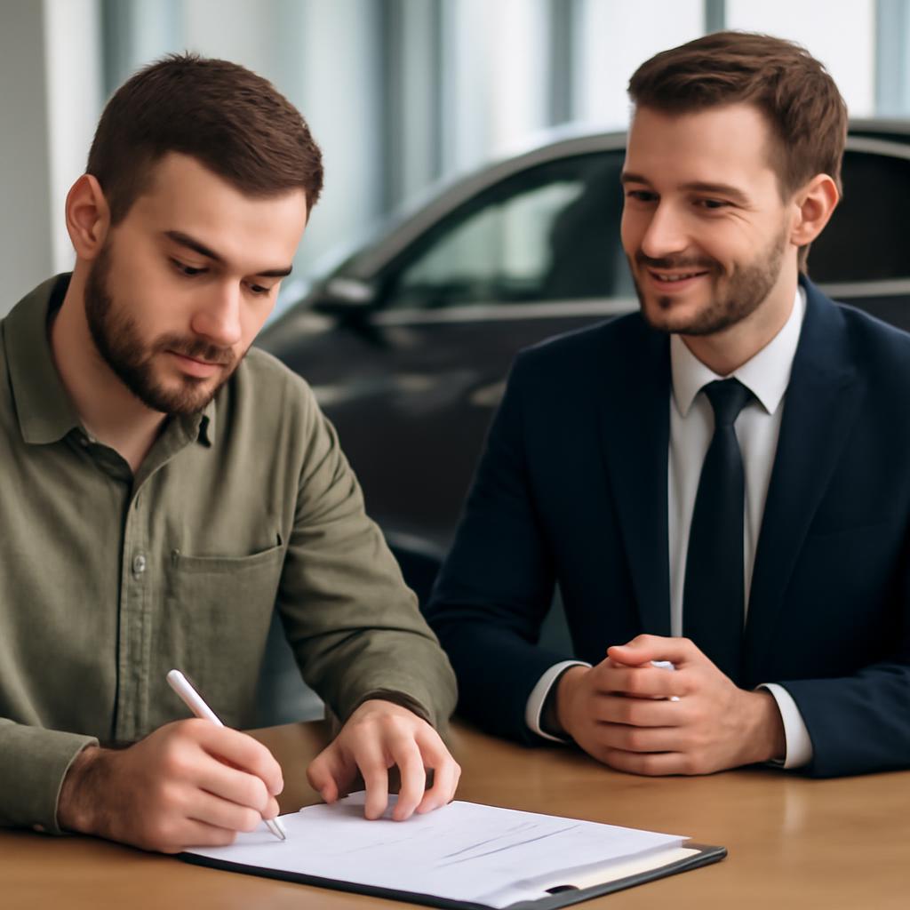 Клиент подписывает договор купли-продажи автомобиля с представителем компании