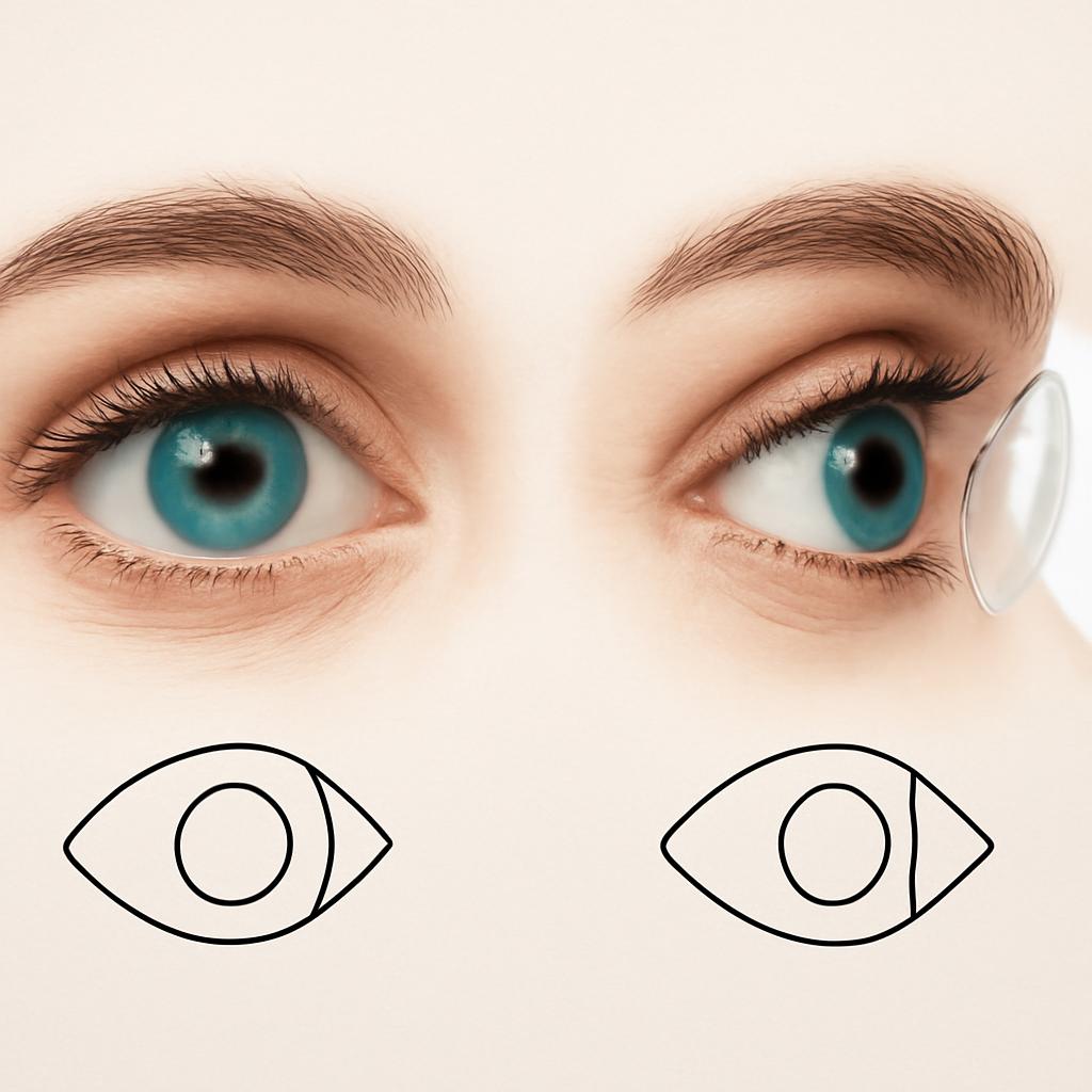 Схематичное сравнение здорового глаза и глаза с кератоконусом, где роговица вытянута в форме конуса