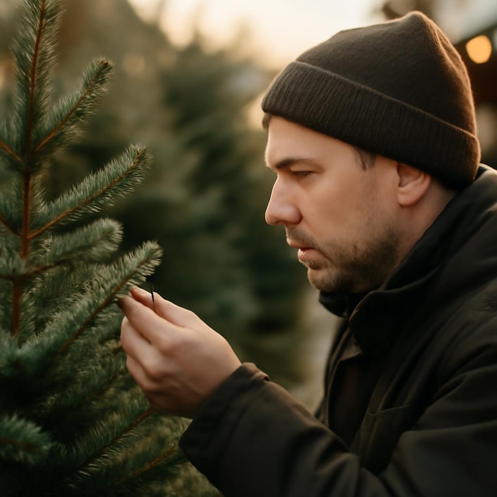 Проверка свежести елки на рынке