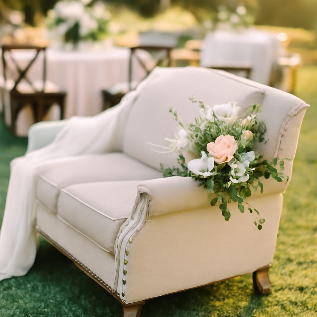 Декорированная арендованная мебель на свадебной площадке