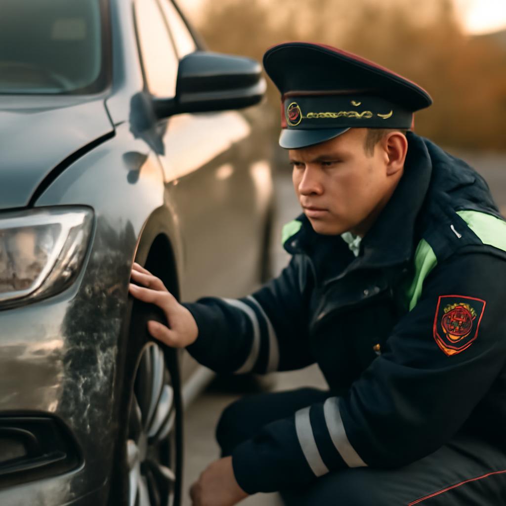 Инспектор ГИБДД проводит осмотр поврежденного автомобиля