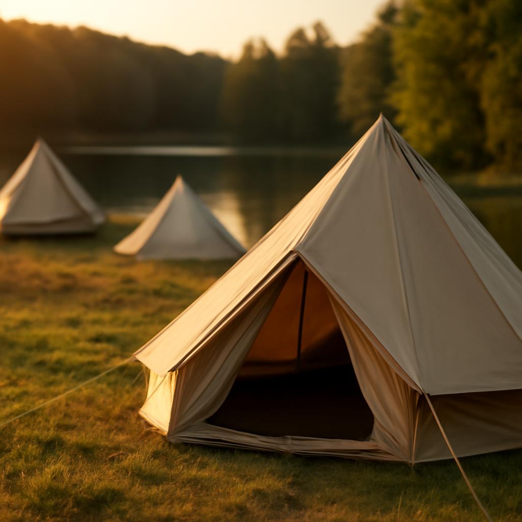 Пейзаж глэмпинга с палатками у озера