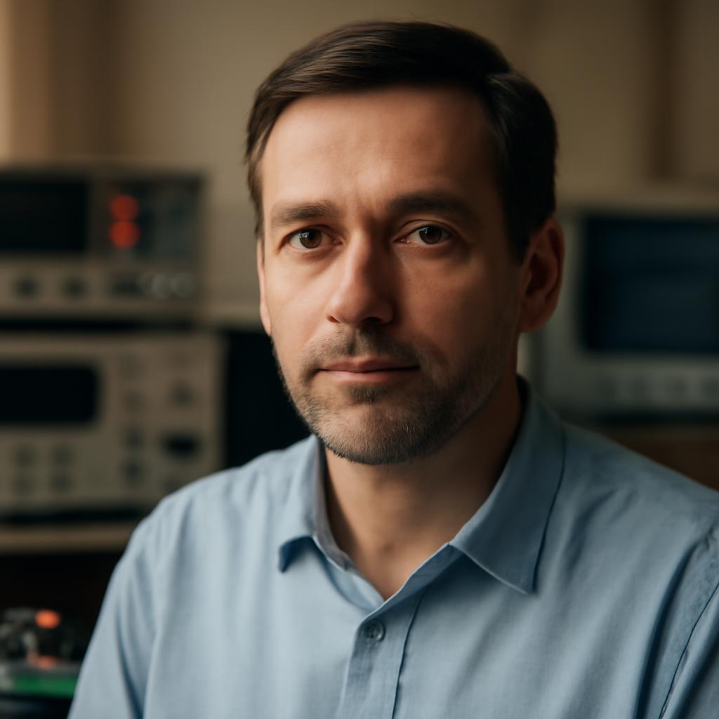 Дмитрий Соколов — портрет автора статьи, мужчина средних лет в лабораторной обстановке с электронными приборами