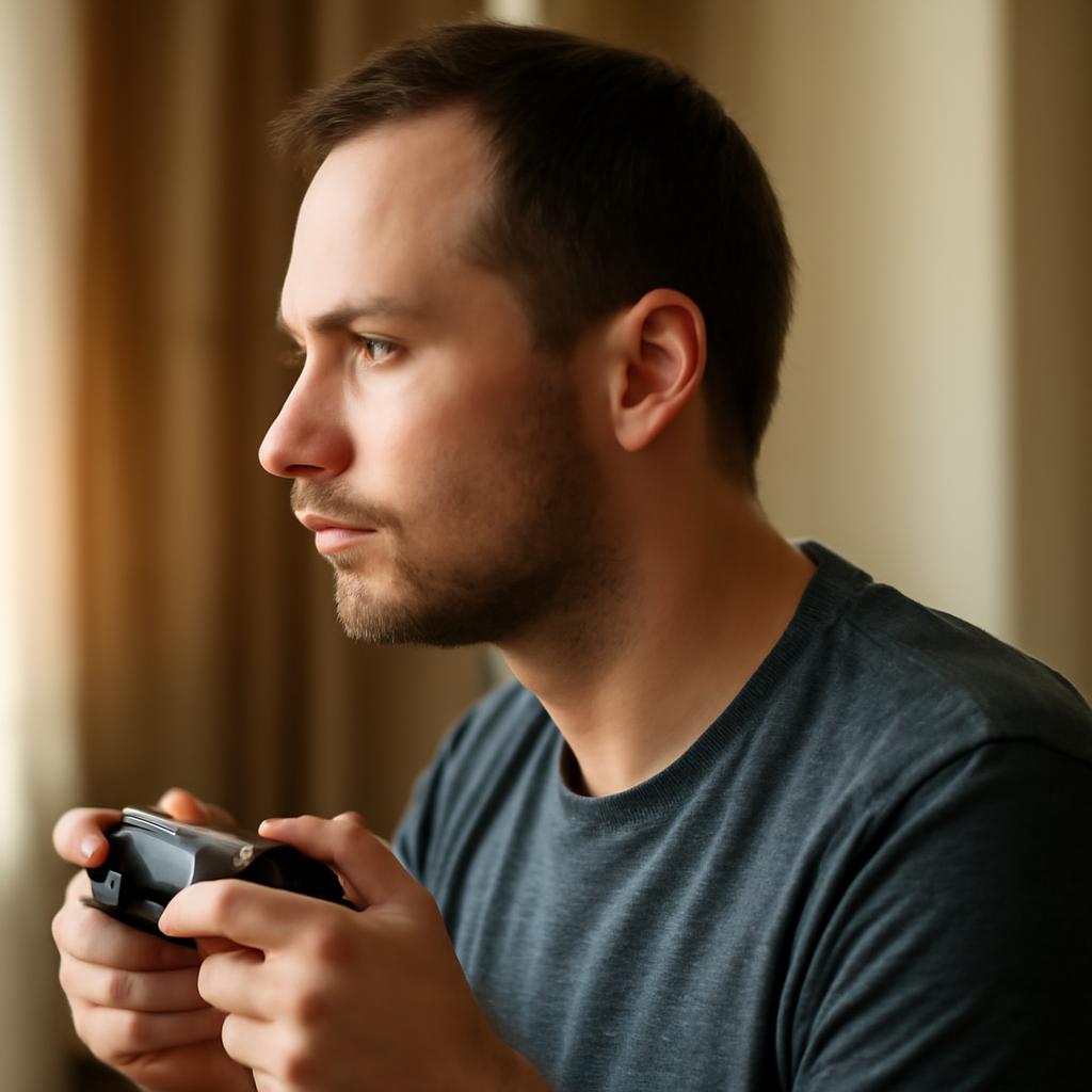 Дмитрий Козлов — портрет автора статьи о мобильных играх на Android, фото в профиль с игровым контроллером в руках