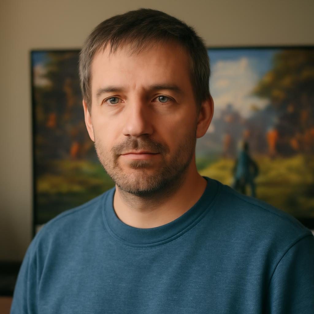 Дмитрий Ковалёв — портрет автора статьи, мужчина средних лет в casual одежде на фоне игрового экрана