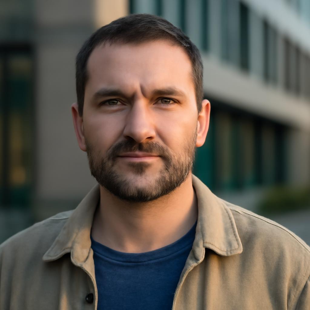 Сергей Ковалёв — портрет автора статьи, мужчина за сорок в casual-стиле на фоне офиса