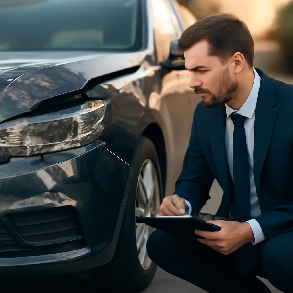 Эксперт осматривает повреждения автомобиля после ДТП