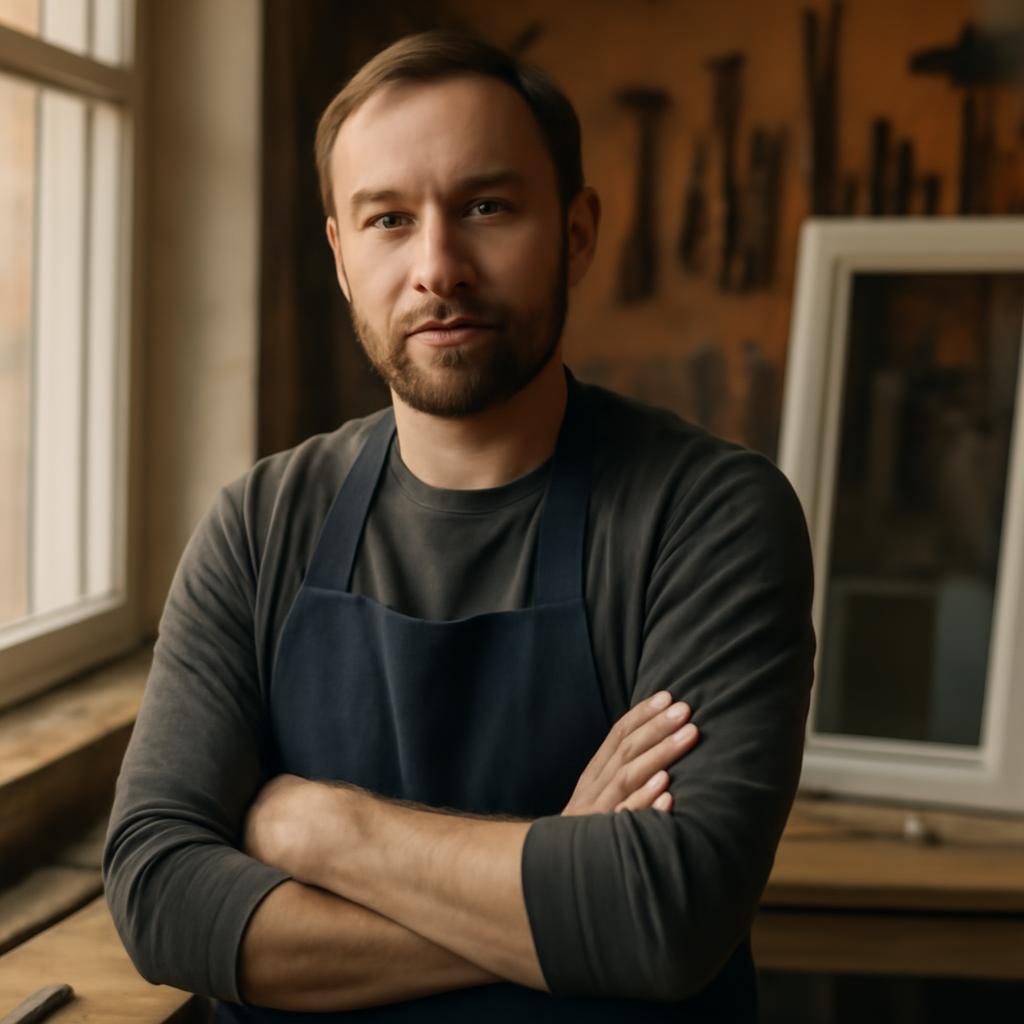 Дмитрий Волков — фото автора статьи в мастерской с инструментами для окон