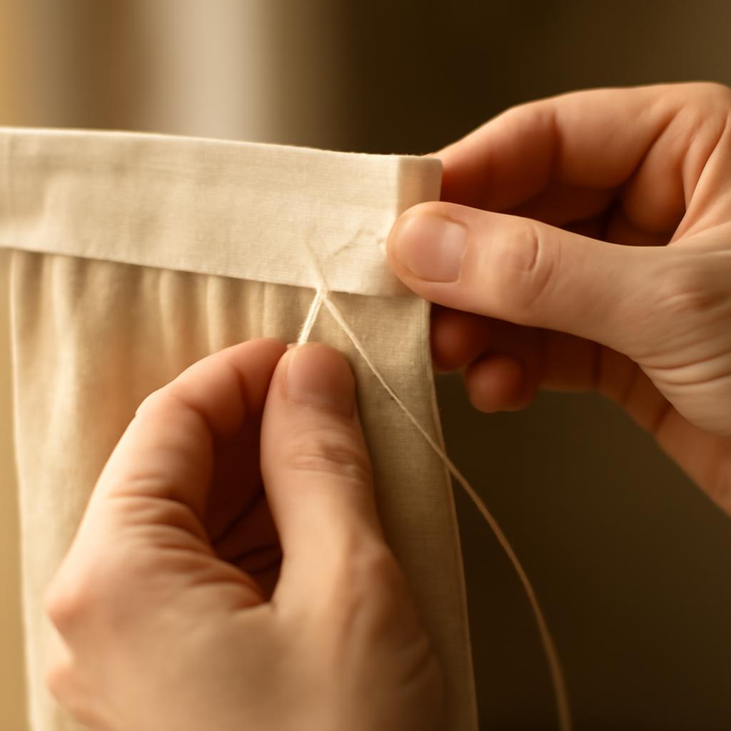 Процесс пришивания ленты к верхнему краю шторы