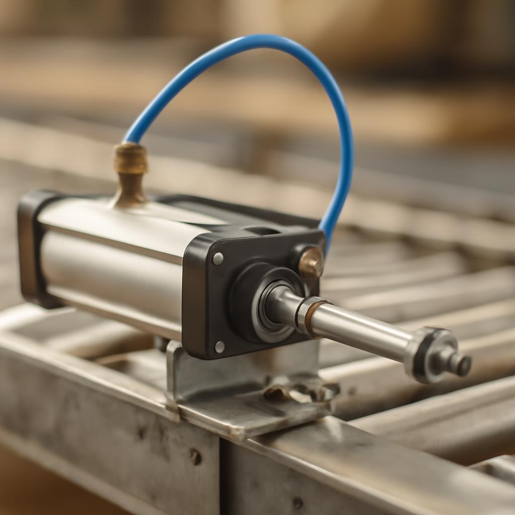 Схема монтажа пневматического цилиндра на конвейере с креплением и подключением