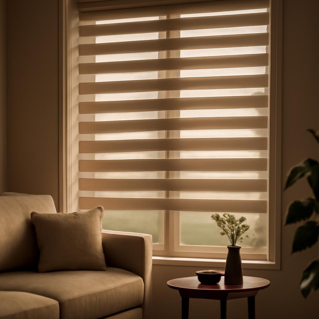 Применение рулонных штор день-ночь в интерьере гостиной