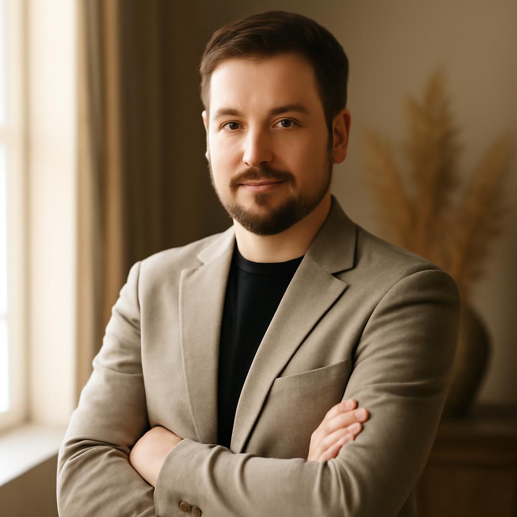 Сергей Волков — портрет эксперта по интерьерному дизайну, фото в студии с элементами декора окон