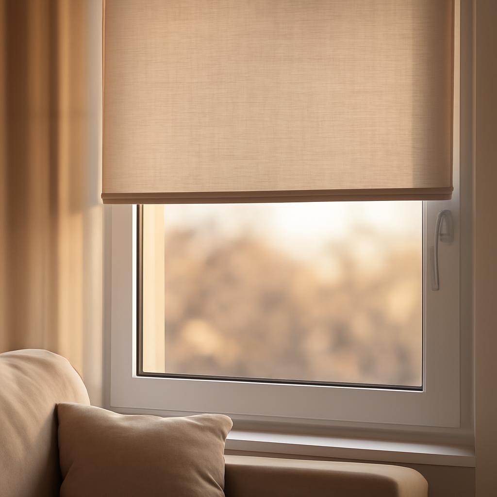 Рулонные шторы на пластиковом окне в гостиной