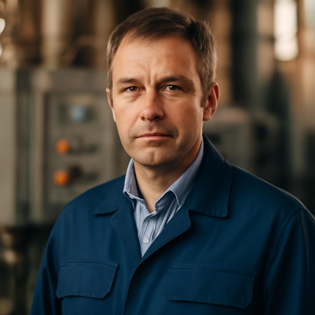 Дмитрий Соколов — портрет инженера средних лет в профессиональной одежде на фоне технического оборудования
