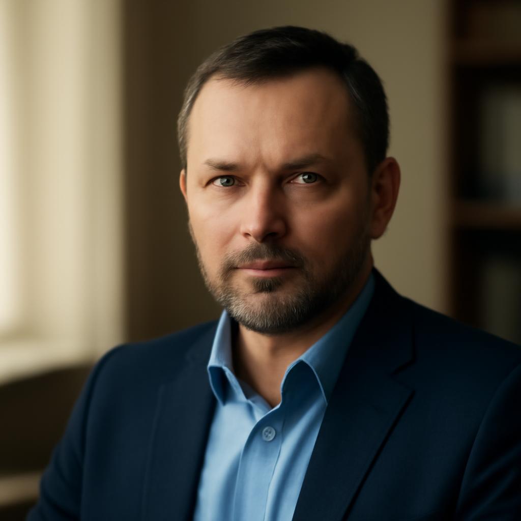Дмитрий Козлов — портрет автора в профессиональной обстановке, средний возраст, уверенный взгляд