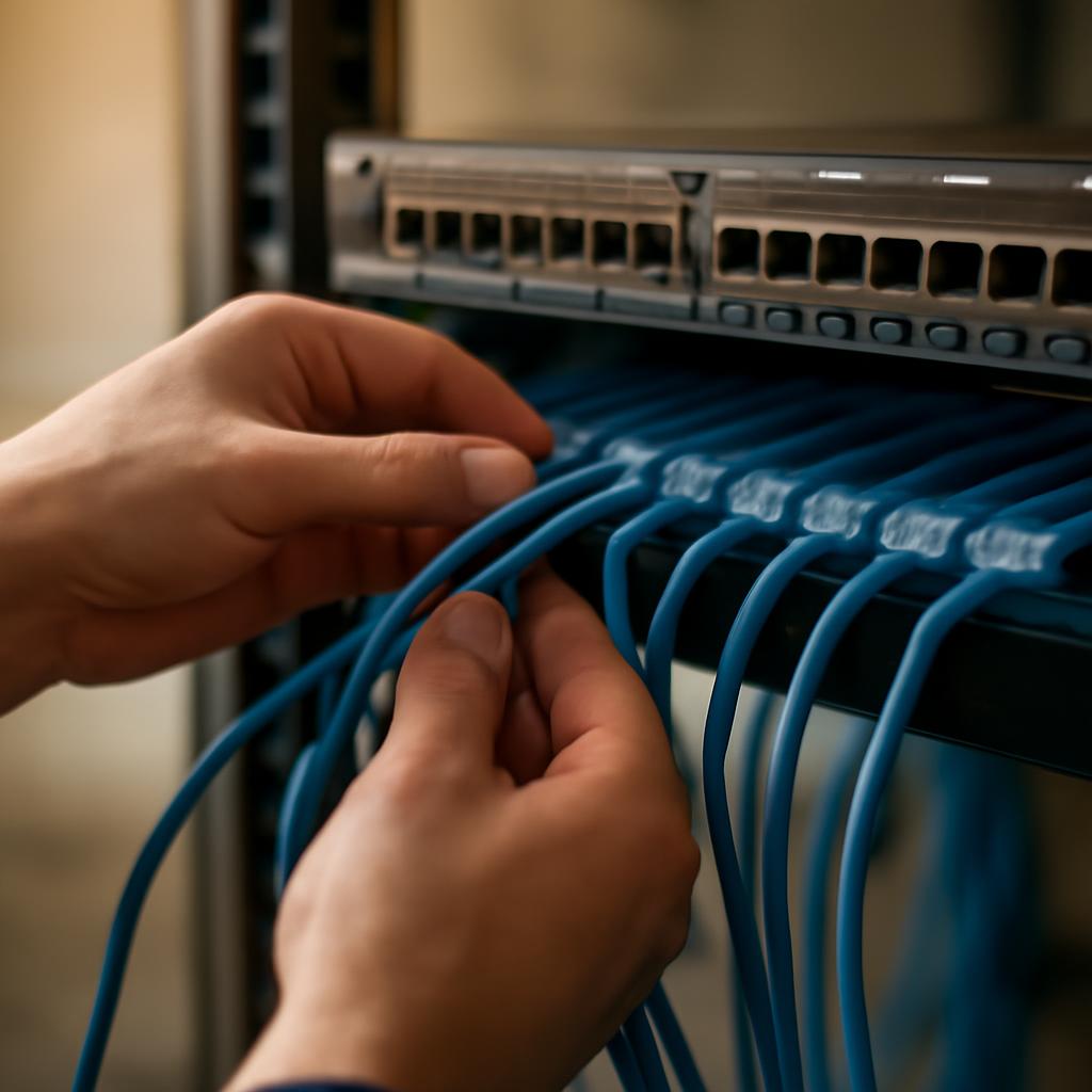 Процесс монтажа коммутационной панели с прокладкой кабелей