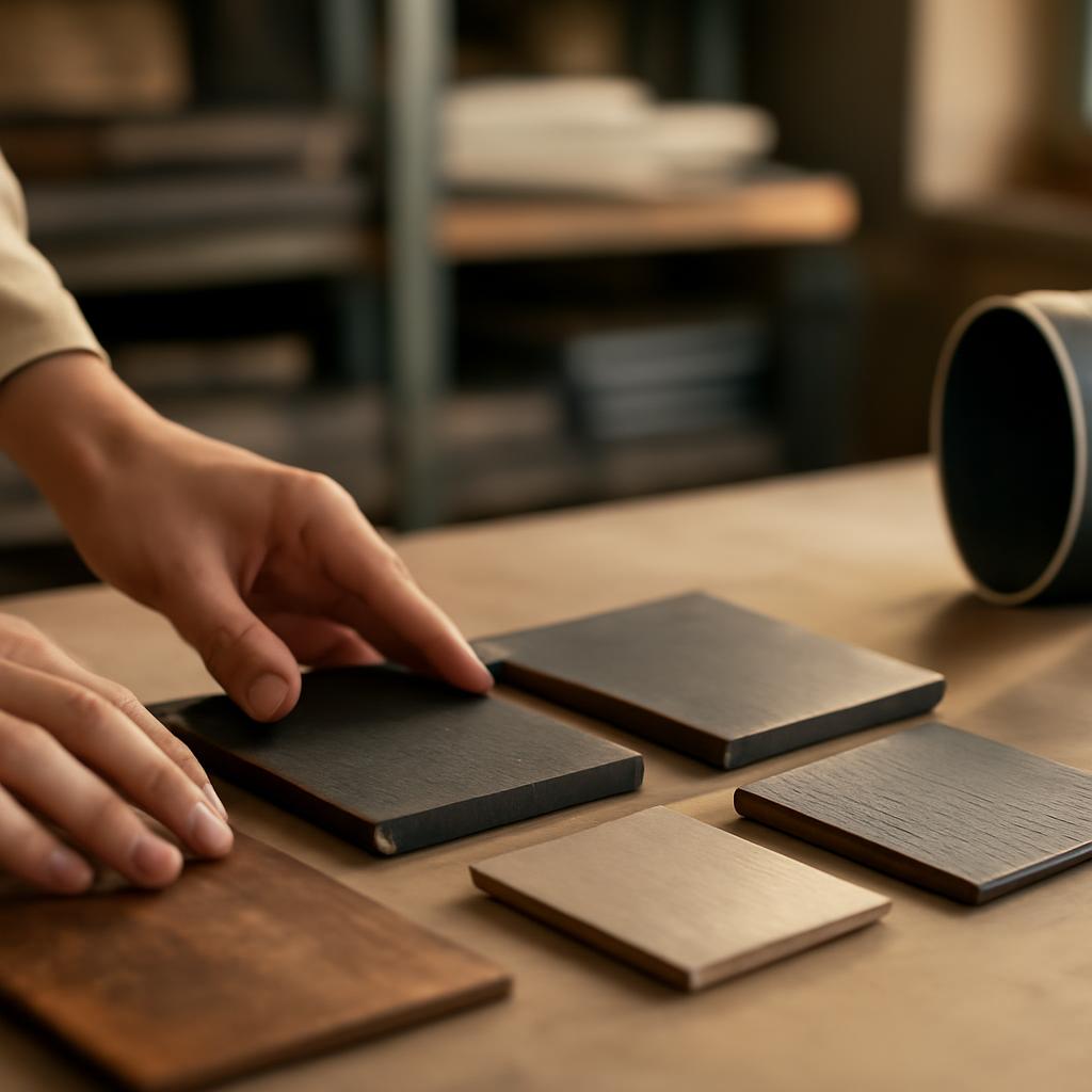 Тестирование ассортимента на металлобазе с образцами материалов