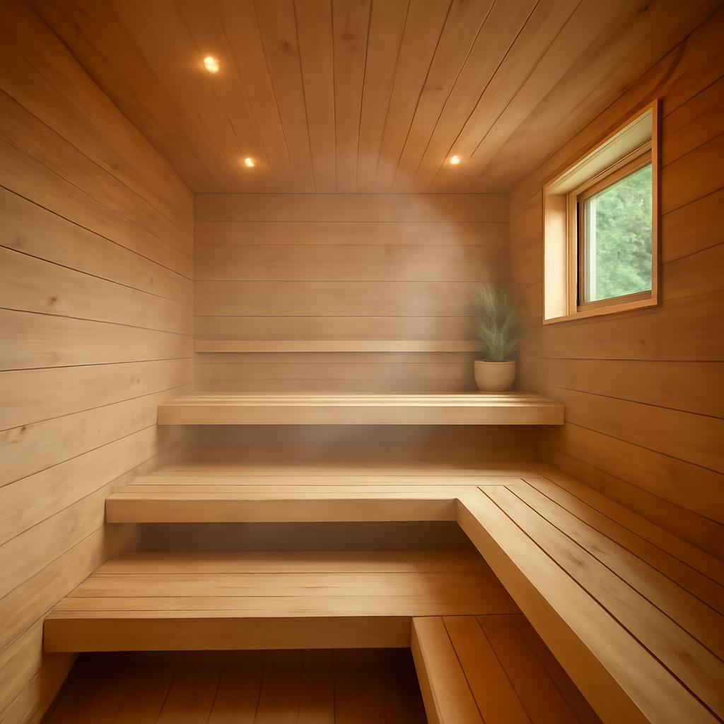 Интерьер бани в эко-отеле Райский уголок с деревянными полками