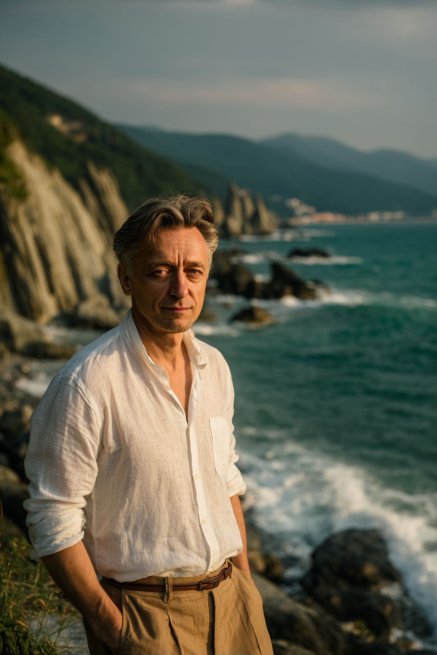 Сергей Воронин — портрет автора в casual одежде на фоне моря и гор Сочи