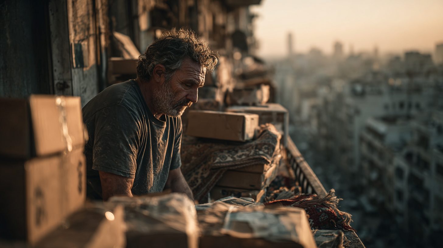 Человек осматривает балкон в поисках спрятанных денег среди коробок и ковров