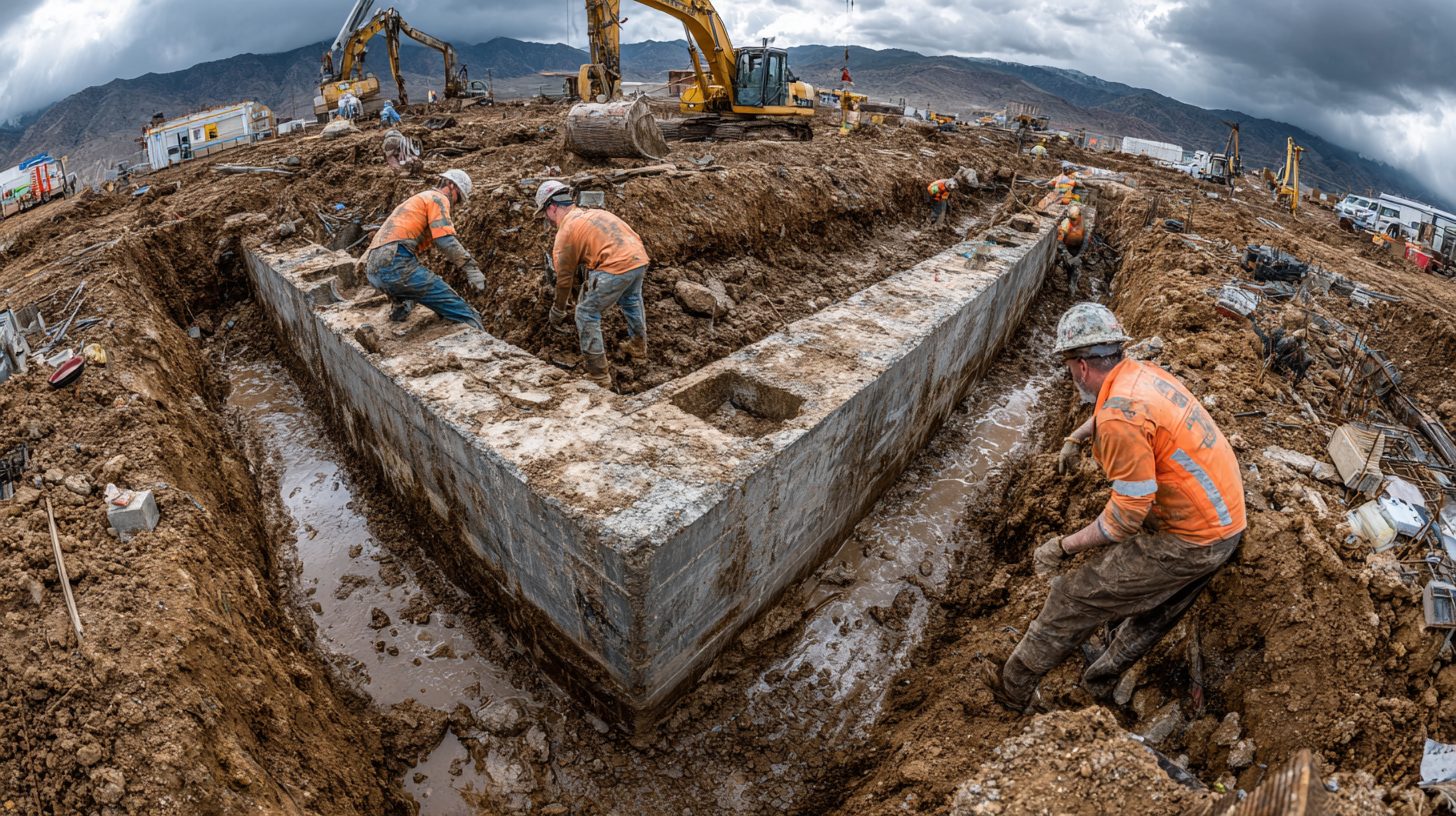 Процесс укладки блоков ФБС в фундаментную траншею