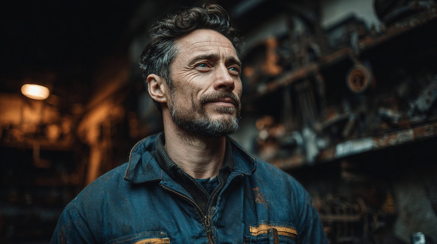 Сергей Козлов — портрет автора статьи, мужчина средних лет в инженерной униформе на фоне гаражного оборудования