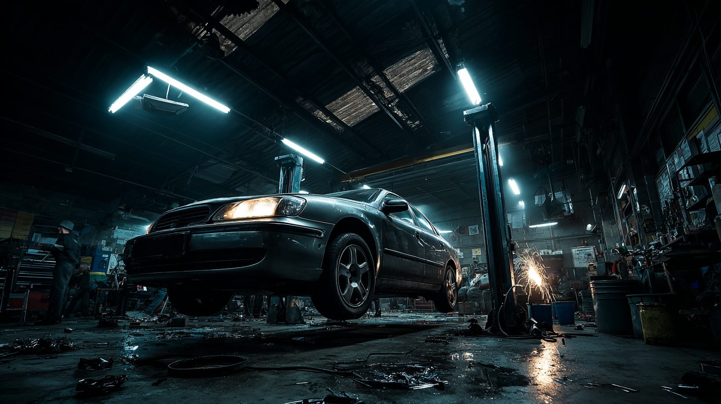 Автомобиль на подъемнике в автосервисе во время ремонта после аварии