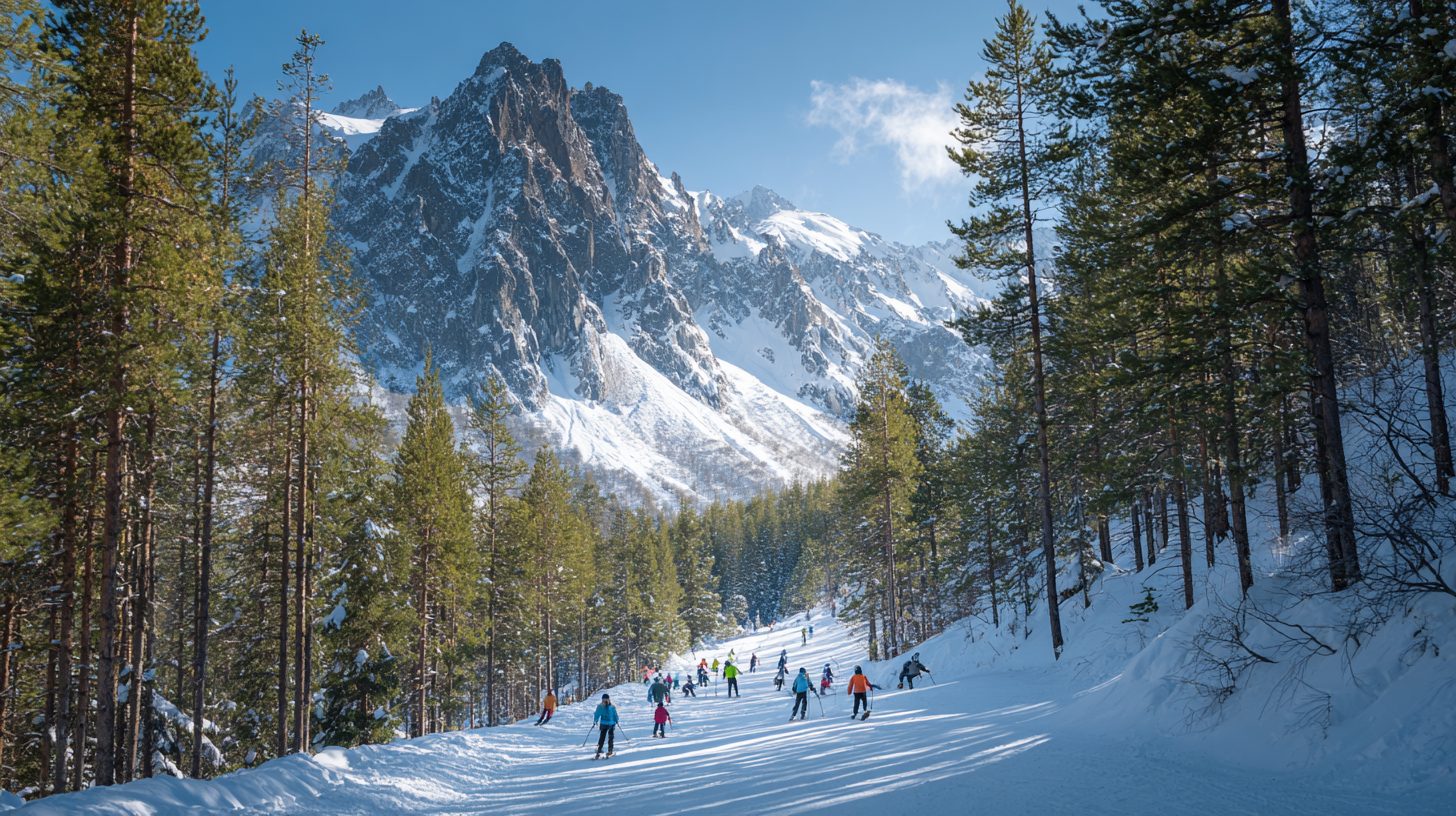 Зеленая трасса в Архызе с новичками на фоне го data-yag-processed=