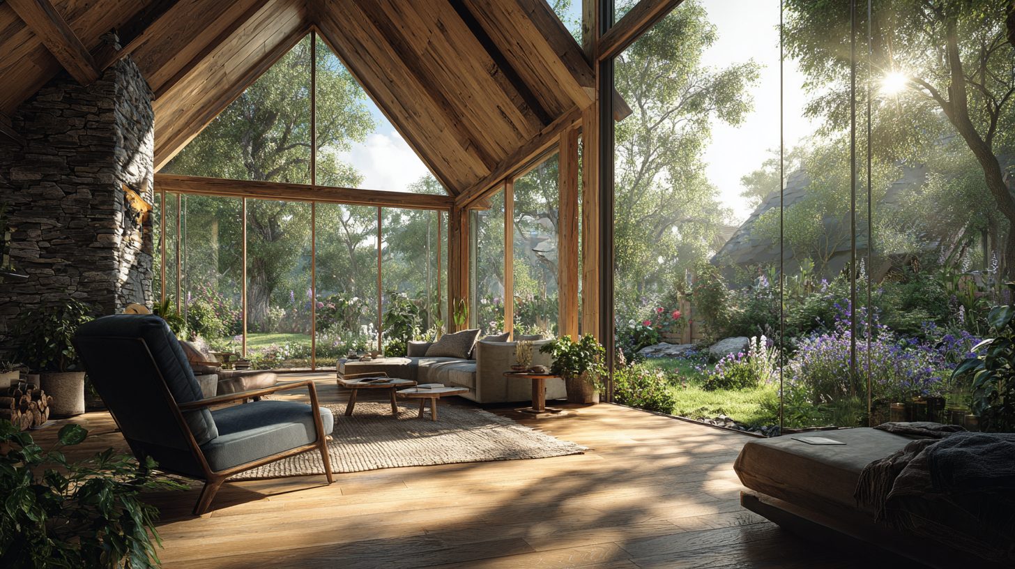 Пример интеграции интерьера коттеджа с экстерьером через панорамные окна