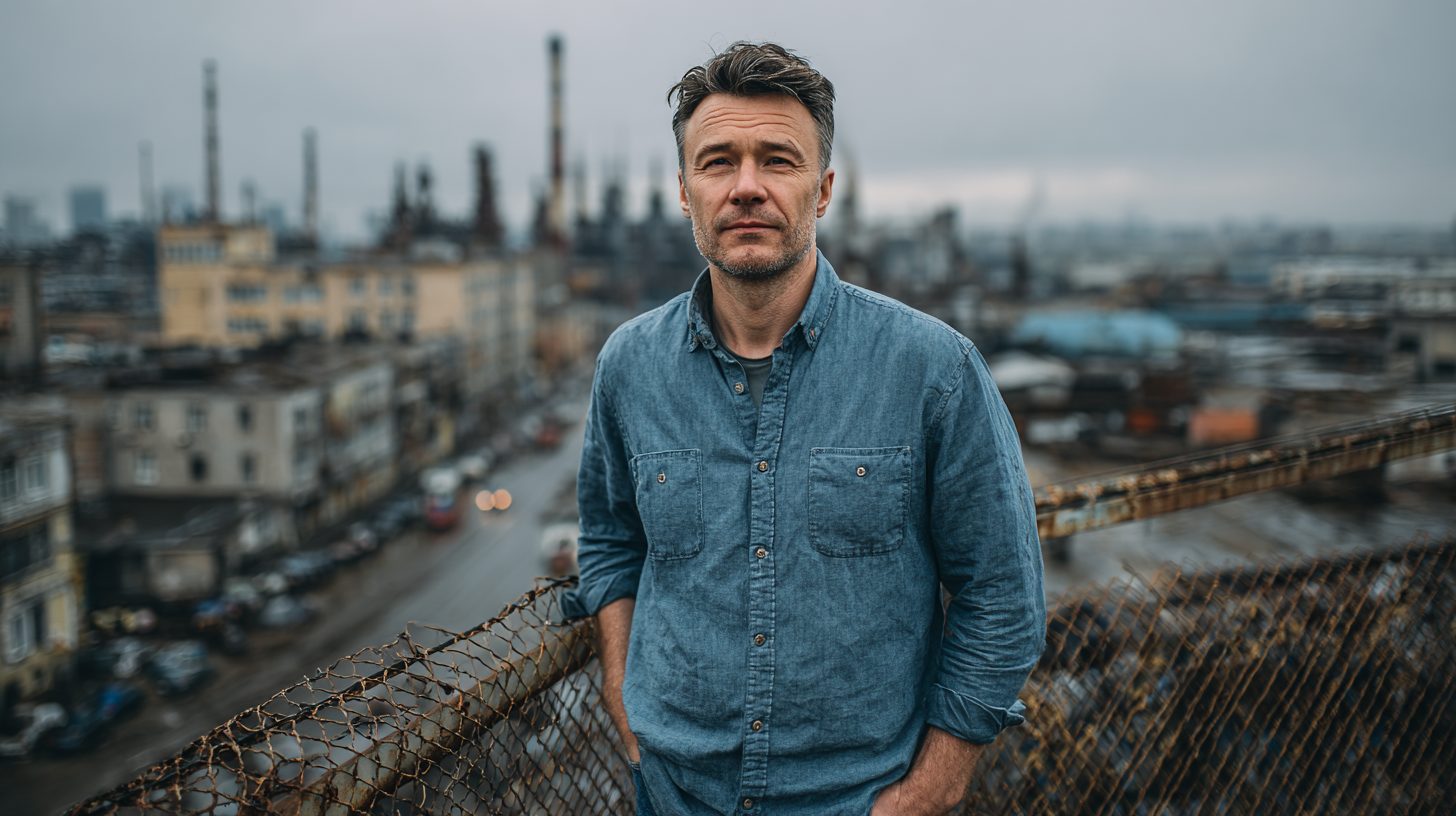 Дмитрий Ковалёв — портрет автора статьи, фото в полный рост на фоне металлического забора в промышленной зоне