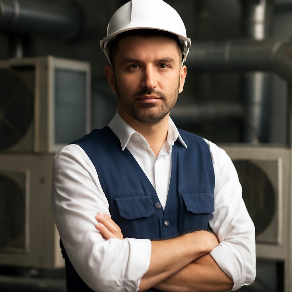 Дмитрий Соколов — портрет инженера в профессиональной одежде на фоне климатического оборудования