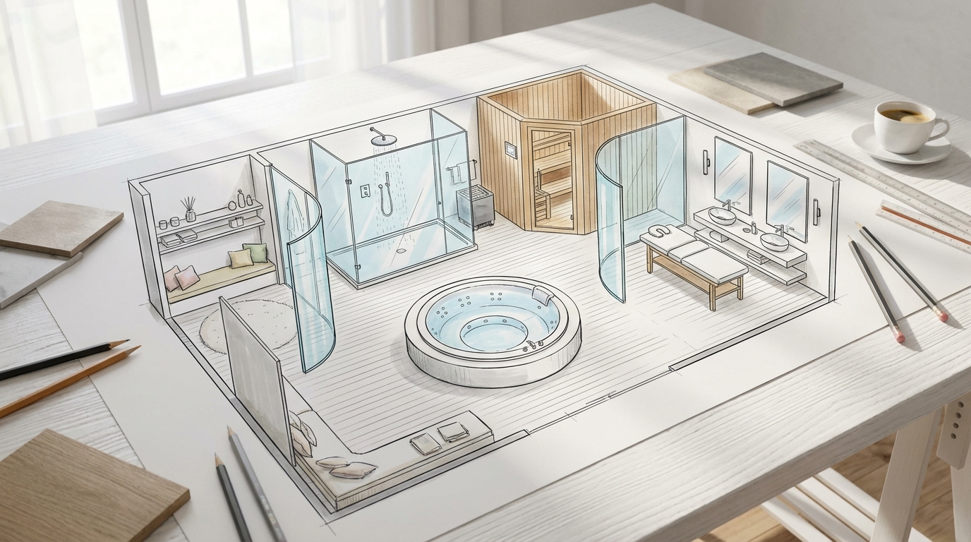 План ванной комнаты для домашнего SPA с зонами релакса