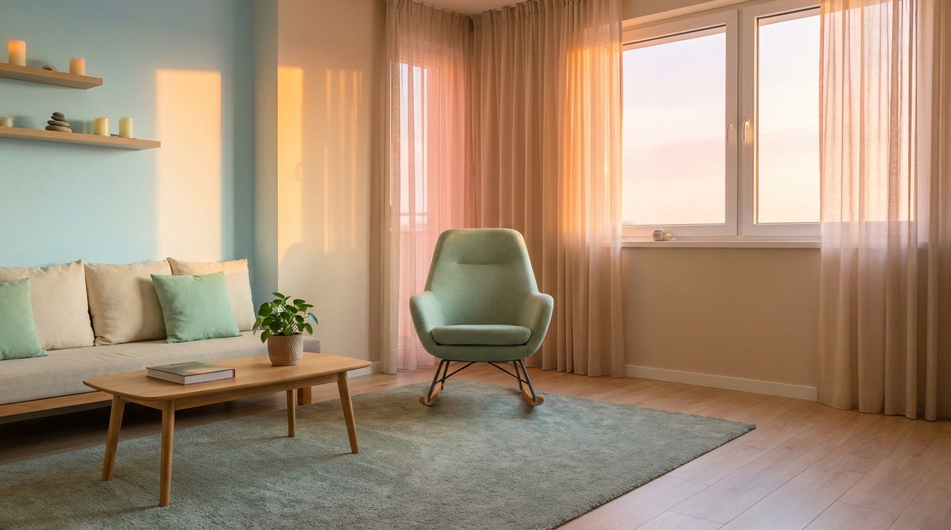 Интерьер с терапевтической цветовой гаммой и освещением