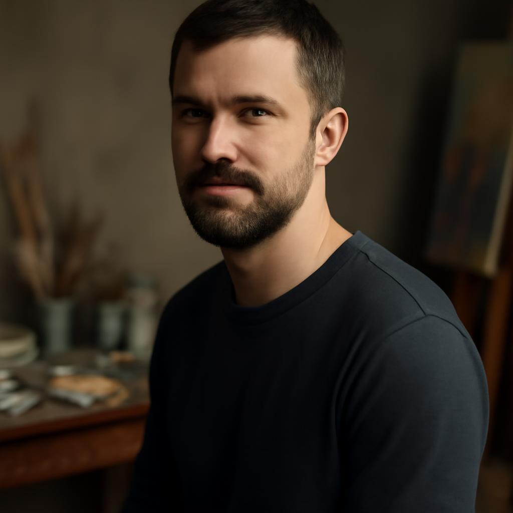 Сергей Воронин — портрет автора в студии с инструментами