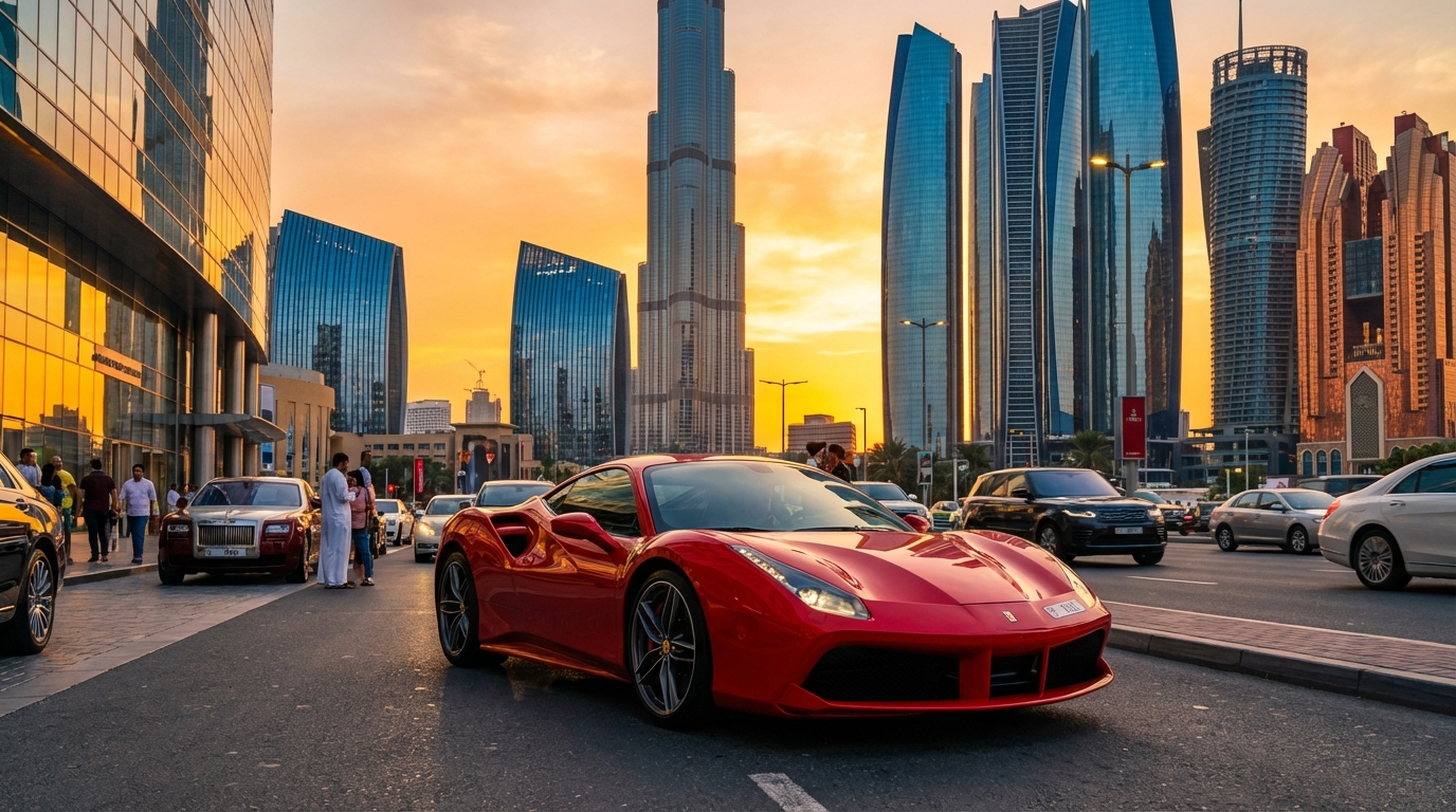 Ferrari на фоне небоскребов Дубая