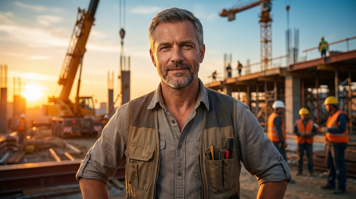 Сергей Козлов — портрет автора на фоне строительной площадки