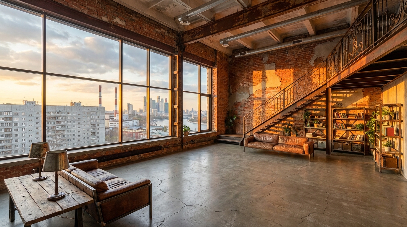 Лофт в российском городе с элементами промышленного дизайна