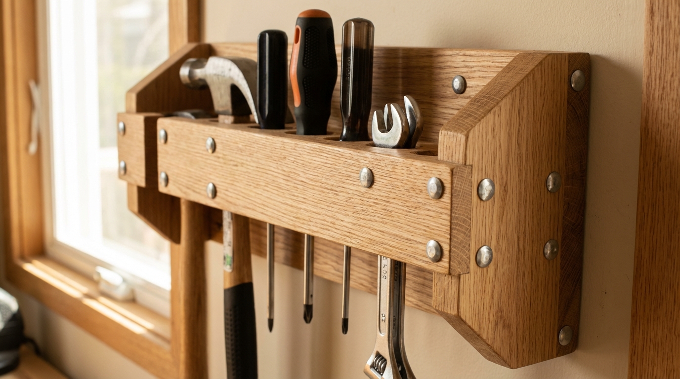 Заклепки в самодельной полке для инструментов