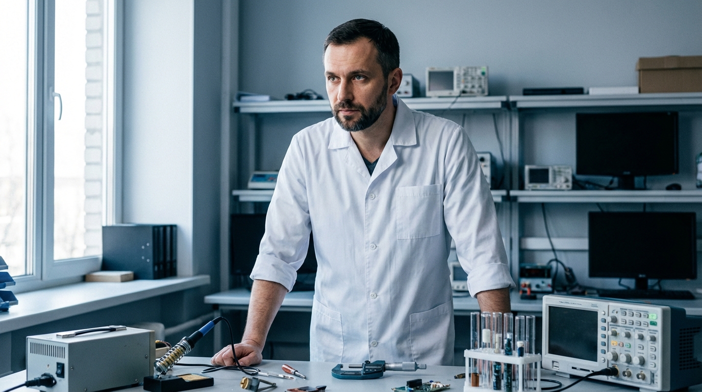 Дмитрий Соколов — портрет инженера в лабораторной обстановке с инструментами