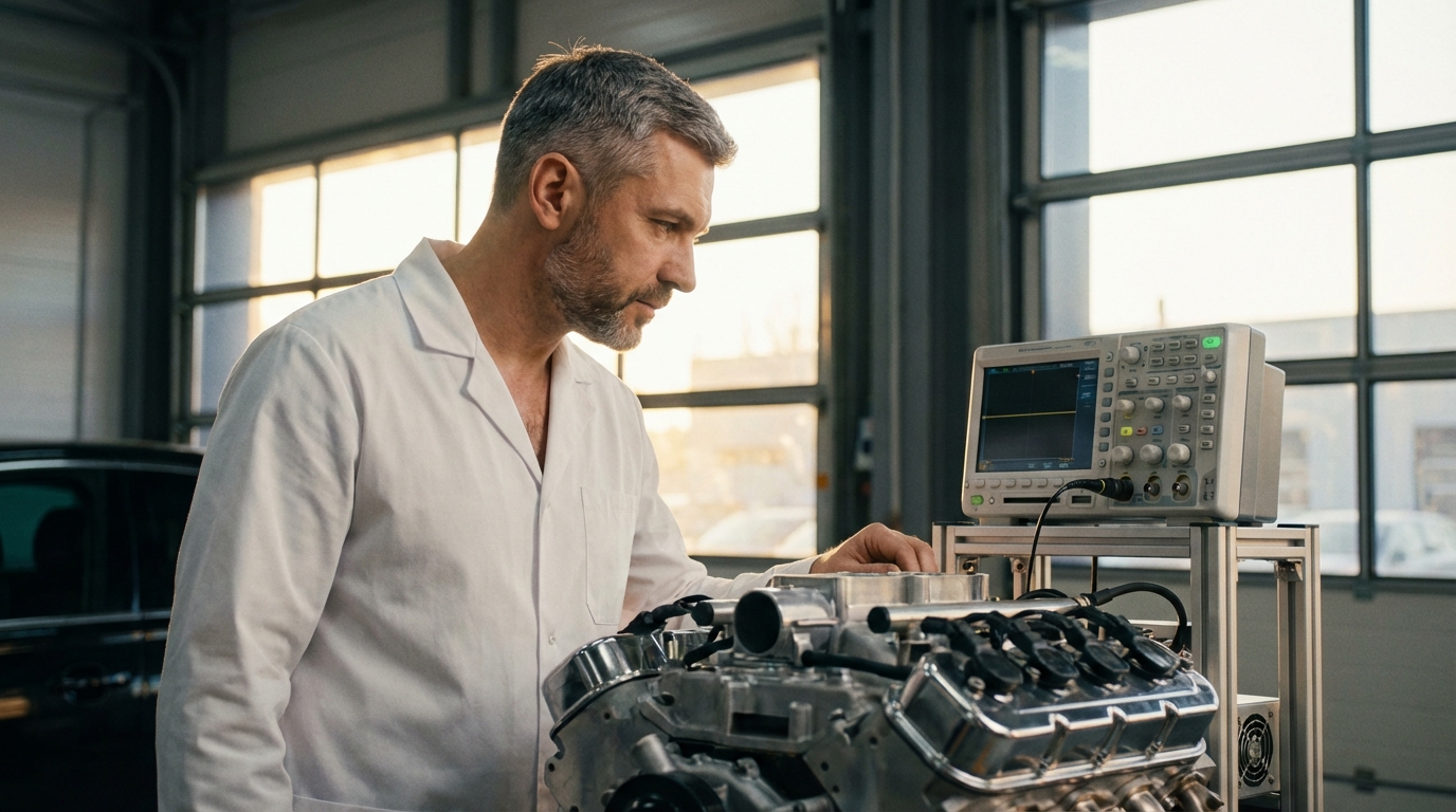 Дмитрий Соколов — портрет автора, мужчина средних лет в лабораторном халате у автомобильного оборудования