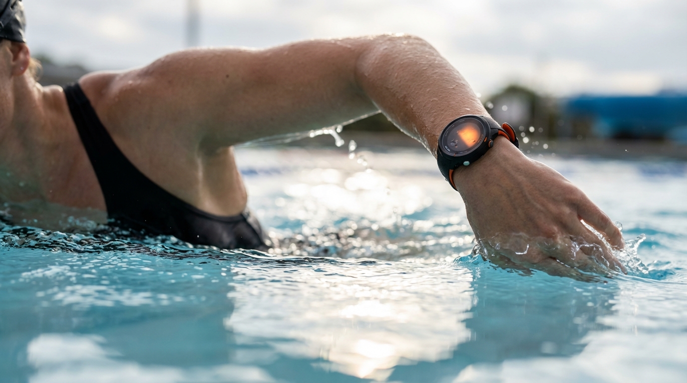 Модель Garmin Swim 2 на руке во время плавания