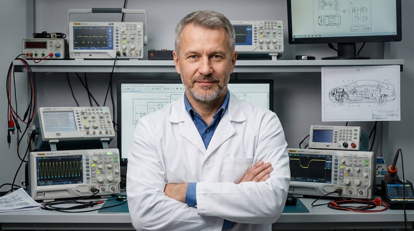 Дмитрий Козлов — портрет опытного специалиста по автомобильной электронике в лабораторной обстановке
