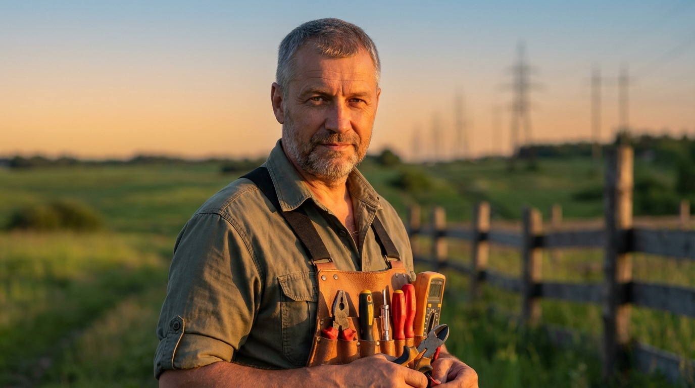 Дмитрий Козлов — портрет инженера-электрика на фоне сельской местности