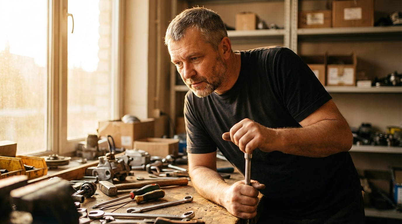 Сергей Воронин — портрет специалиста в мастерской с инструментами