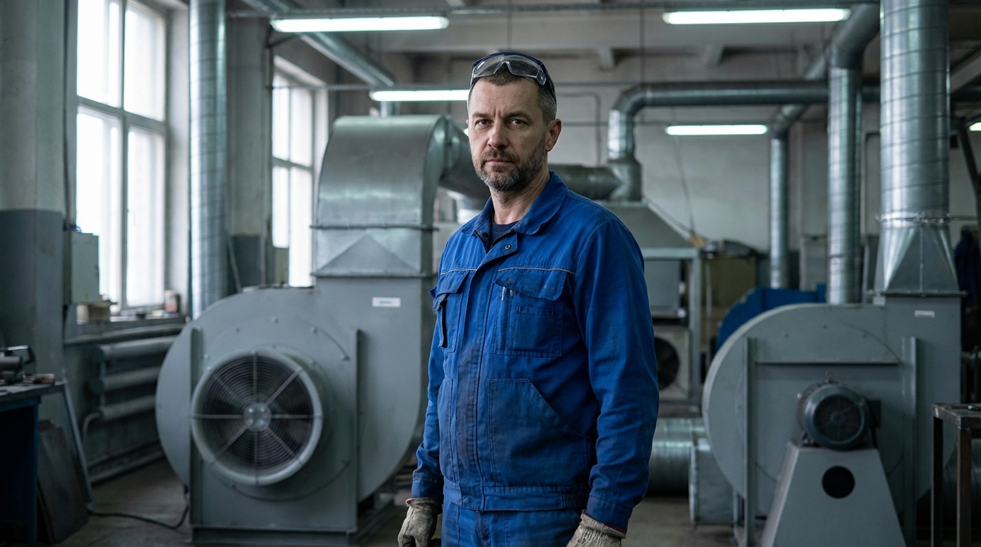 Дмитрий Козлов — фото инженера в рабочей одежде на фоне вентиляционного оборудования